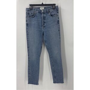 Agolde Nico high rise button fly medium wash distressed raw hem skinny jeans 29